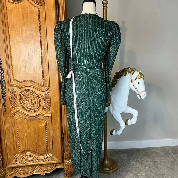 NEW Mac Duggal 93676 Bead Lace Long Sleeve Midi Dress Emerald Holiday Wicked - Picture 6 of 11